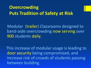 Overcrowding
Puts Tradition of Safety at Risk
Modular (trailer) Classrooms designed to
band-aide overcrowding now serving over
900 students daily.
This increase of modular usage is leading to
door security being compromised, and
increase risk of crowds of students passing
between building.
 