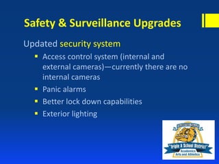 Safety & Surveillance Upgrades
Updated security system
 Access control system (internal and
external cameras)—currently there are no
internal cameras
 Panic alarms
 Better lock down capabilities
 Exterior lighting
 