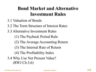 Corporate Finance 3-0
© Professor Ho-Mou Wu
Bond Market and Alternative
Investment Rules
3.1 Valuation of Bonds
3.2 The Term Structure of Interest Rates
3.3 Alternative Investment Rules
(1) The Payback Period Rule
(2) The Average Accounting Return
(3) The Internal Rate of Return
(4) The Profitability Index
3.4 Why Use Net Present Value?
(RWJ Ch.5,6)
 