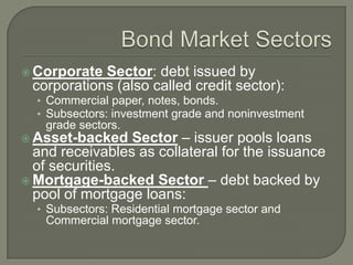  Corporate

Sector: debt issued by
corporations (also called credit sector):
• Commercial paper, notes, bonds.
• Subsectors: investment grade and noninvestment

grade sectors.

Sector – issuer pools loans
and receivables as collateral for the issuance
of securities.
 Mortgage-backed Sector – debt backed by
pool of mortgage loans:
 Asset-backed

• Subsectors: Residential mortgage sector and

Commercial mortgage sector.

 