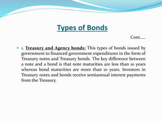 Types of Bonds
 1. Treasury and Agency bonds: This types of bonds issued by
government to financed government expenditures in the form of
Treasury notes and Treasury bonds. The key difference between
a note and a bond is that note maturities are less than 10 years
whereas bond maturities are more than 10 years. Investors in
Treasury notes and bonds receive semiannual interest payments
from the Treasury.
Cont…..
 