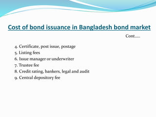 Cost of bond issuance in Bangladesh bond market
4. Certificate, post issue, postage
5. Listing fees
6. Issue manager or underwriter
7. Trustee fee
8. Credit rating, bankers, legal and audit
9. Central depository fee
Cont…..
 