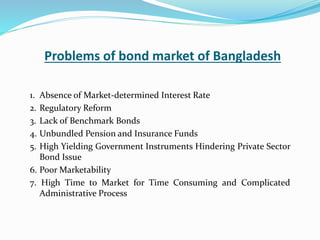 Problems of bond market of Bangladesh
1. Absence of Market-determined Interest Rate
2. Regulatory Reform
3. Lack of Benchmark Bonds
4. Unbundled Pension and Insurance Funds
5. High Yielding Government Instruments Hindering Private Sector
Bond Issue
6. Poor Marketability
7. High Time to Market for Time Consuming and Complicated
Administrative Process
 