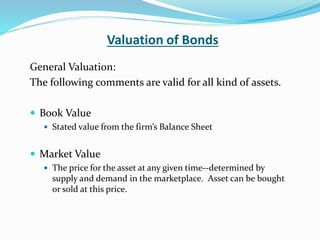 Valuation of Bonds
General Valuation:
The following comments are valid for all kind of assets.
 Book Value
 Stated value from the firm’s Balance Sheet
 Market Value
 The price for the asset at any given time--determined by
supply and demand in the marketplace. Asset can be bought
or sold at this price.
 