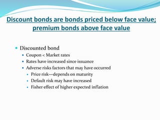 Discount bonds are bonds priced below face value;
premium bonds above face value
 Discounted bond
 Coupon < Market rates
 Rates have increased since issuance
 Adverse risks factors that may have occurred
 Price risk—depends on maturity
 Default risk may have increased
 Fisher effect of higher expected inflation
 