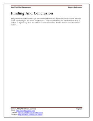 Bond Portfolio Management                                                    Finance Assignment


Finding And Conclusion
The parameters of Sales and PAT are correlated but are not dependent on each other. Thus in
bonds trend analysis the trends may forecast a correlation but they are interlinked or show a
pattern of dependency. It is the net flow of investments that decides the flow of bull and bear
market.




Samuel, A.M ( NIT Bhopal Alumni )                                                        Page 23
Email: ankit.samuel84@gmail.com
Linkedin: http://in.linkedin.com/in/ankitsamuel
Facebook: http://facebook.com/ankit.m.samuel
 