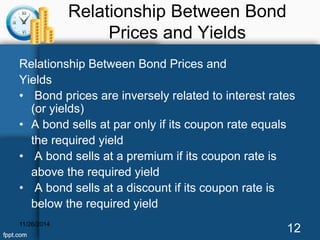 Relationship Between Bond 
Prices and Yields 
Relationship Between Bond Prices and 
Yields 
• Bond prices are inversely related to interest rates 
(or yields) 
• A bond sells at par only if its coupon rate equals 
the required yield 
• A bond sells at a premium if its coupon rate is 
above the required yield 
• A bond sells at a discount if its coupon rate is 
below the required yield 
11/26/2014 12 
 