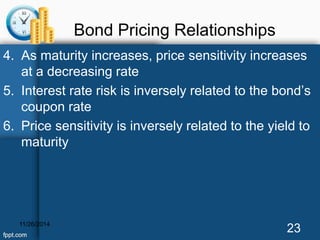 Bond Pricing Relationships 
4. As maturity increases, price sensitivity increases 
at a decreasing rate 
5. Interest rate risk is inversely related to the bond’s 
coupon rate 
6. Price sensitivity is inversely related to the yield to 
maturity 
11/26/2014 23 
 