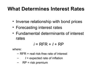 What Determines Interest Rates Inverse relationship with bond prices Forecasting interest rates Fundamental determinants of interest rates i  = RFR +  I  + RP  where: RFR = real risk-free rate of interest I  = expected rate of inflation RP = risk premium 
