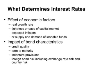 What Determines Interest Rates Effect of economic factors real growth rate tightness or ease of capital market expected inflation or supply and demand of loanable funds Impact of bond characteristics credit quality term to maturity indenture provisions foreign bond risk including exchange rate risk and country risk 