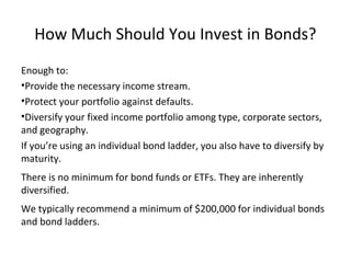 How Much Should You Invest in Bonds?
Enough to:
•Provide the necessary income stream.
•Protect your portfolio against defaults.
•Diversify your fixed income portfolio among type, corporate sectors,
and geography.
If you’re using an individual bond ladder, you also have to diversify by
maturity.
There is no minimum for bond funds or ETFs. They are inherently
diversified.
We typically recommend a minimum of $200,000 for individual bonds
and bond ladders.
 