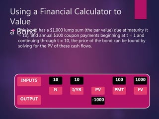 Using a Financial Calculator to
Value
a Bond This bond has a $1,000 lump sum (the par value) due at maturity (t
= 10), and annual $100 coupon payments beginning at t = 1 and
continuing through t = 10, the price of the bond can be found by
solving for the PV of these cash flows.
INPUTS
OUTPUT
N I/YR PMTPV FV
10 10 100 1000
-1000
 