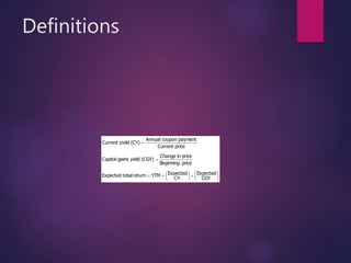 Definitions













CGY
Expected
CY
ExpectedYTMreturntotalExpected
priceBeginning
priceinChange
(CGY)yieldgainsCapital
priceCurrent
paymentcouponAnnual
(CY)eldCurrent yi
 