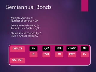 Semiannual Bonds
1. Multiply years by 2:
Number of periods = 2N
2. Divide nominal rate by 2:
Periodic rate (I/YR) = rd/2
3. Divide annual coupon by 2:
PMT = Annual coupon/2
INPUTS
OUTPUT
N I/YR PMTPV FV
2N rd/2 cpn/2 OKOK
 