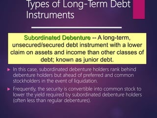 Types of Long-Term Debt
Instruments
 In this case, subordinated debenture holders rank behind
debenture holders but ahead of preferred and common
stockholders in the event of liquidation.
 Frequently, the security is convertible into common stock to
lower the yield required by subordinated debenture holders
(often less than regular debentures).
Subordinated Debenture -- A long-term,
unsecured/secured debt instrument with a lower
claim on assets and income than other classes of
debt; known as junior debt.
 