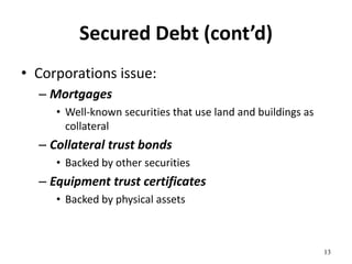 Secured Debt (cont’d)
• Corporations issue:
– Mortgages
• Well-known securities that use land and buildings as
collateral
– Collateral trust bonds
• Backed by other securities
– Equipment trust certificates
• Backed by physical assets
13
 