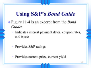 131
Using S&P’s Bond Guide
Figure 11-4 is an excerpt from the Bond
Guide:
• Indicates interest payment dates, coupon rates,
and issuer
• Provides S&P ratings
• Provides current price, current yield
 