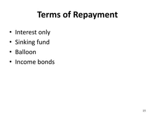 Terms of Repayment
• Interest only
• Sinking fund
• Balloon
• Income bonds
15
 