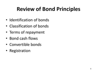 Review of Bond Principles
• Identification of bonds
• Classification of bonds
• Terms of repayment
• Bond cash flows
• Convertible bonds
• Registration
4
 