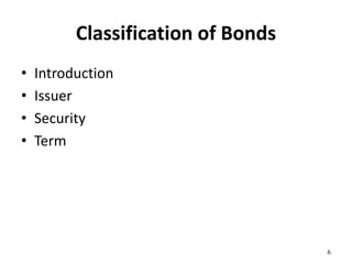 Classification of Bonds
• Introduction
• Issuer
• Security
• Term
6
 