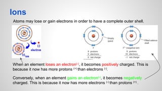 Ions
Atoms may lose or gain electrons in order to have a complete outer shell.
When an element loses an electron(-), it becomes positively charged. This is
because it now has more protons (+) than electrons (-).
Conversely, when an element gains an electron(-), it becomes negatively
charged. This is because it now has more electrons (-) than protons (+) .
 