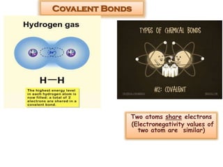 Two atoms share electrons
(Electronegativity values of
two atom are similar)
Covalent Bonds
 
