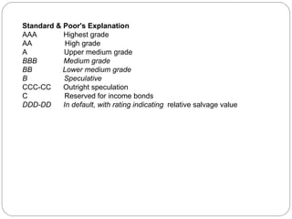Standard & Poor's Explanation AAA  Highest grade AA  High grade A  Upper medium grade BBB  Medium grade BB  Lower medium grade B  Speculative CCC-CC  Outright speculation C  Reserved for income bonds DDD-DD  In default, with rating indicating  relative salvage value 
