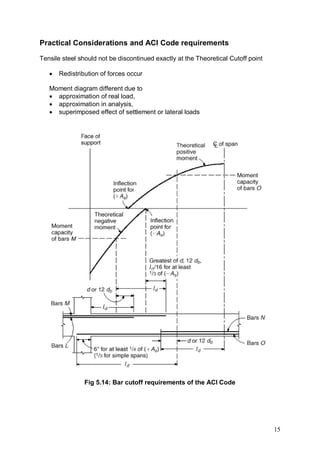 Practical Considerations and ACI Code requirements

Tensile steel should not be discontinued exactly at the Theoretical Cutoff point

      Redistribution of forces occur

   Moment diagram different due to
    approximation of real load,
    approximation in analysis,
    superimposed effect of settlement or lateral loads




                Fig 5.14: Bar cutoff requirements of the ACI Code




                                                                                   15
 
