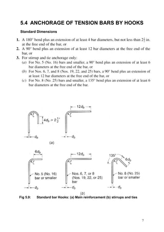 5.4 ANCHORAGE OF TENSION BARS BY HOOKS
Standard Dimensions




Fig 5.9:   Standard bar Hooks: (a) Main reinforcement (b) stirrups and ties




                                                                              7
 