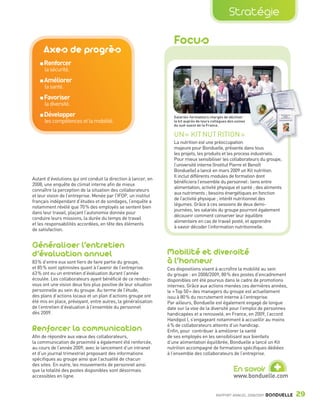 Stratégie

                                                                                   Focus
                         Axes de progrès
                         Renforcer
                         la sécurité.
                         Améliorer
                         la santé.
                         Favoriser
                         la diversité.
                         Développer                                                Salariés-formateurs chargés de décliner
                         les compétences et la mobilité.                           le kit auprès de leurs collègues des usines
                                                                                   du sud-ouest de la France.

                                                                                   UN « KIT NUT RITION »
                                                                                   La nutrition est une préoccupation
                                                                                   majeure pour Bonduelle, présente dans tous
                                                                                   les projets, les produits et les process industriels.
                                                                                   Pour mieux sensibiliser les collaborateurs du groupe,
                                                                                   l’université interne (Institut Pierre et Benoît
                                                                                   Bonduelle) a lancé en mars 2009 un Kit nutrition.
                                                                                   Il inclut différents modules de formation dont
                Autant d’évolutions qui ont conduit la direction à lancer, en
                                                                                   bénéficiera l’ensemble du personnel : liens entre
                2008, une enquête de climat interne afin de mieux
                                                                                   alimentation, activité physique et santé ; des aliments
                connaître la perception de la situation des collaborateurs
                                                                                   aux nutriments ; besoins énergétiques en fonction
                et leur vision de l’entreprise. Menée par l’IFOP, un institut
                                                                                   de l’activité physique ; intérêt nutritionnel des
                français indépendant d’études et de sondages, l’enquête a
                                                                                   légumes. Grâce à ces sessions de deux demi-
                notamment révélé que 70 % des employés se sentent bien
                                                                                   journées, les salariés du groupe pourront également
                dans leur travail, plaçant l’autonomie donnée pour
                                                                                   découvrir comment conserver leur équilibre
                conduire leurs missions, la durée du temps de travail
                                                                                   alimentaire en cas de travail posté, et apprendre
                et les responsabilités accordées, en tête des éléments
                                                                                   à savoir décoder l’information nutritionnelle.
                de satisfaction.


                Généraliser l’entretien
                d’évaluation annuel                                             Mobilité et diversité
                83 % d’entre eux sont fiers de faire partie du groupe,          à l’honneur
                et 85 % sont optimistes quant à l’avenir de l’entreprise.       Ces dispositions visent à accroître la mobilité au sein
                63 % ont eu un entretien d’évaluation durant l’année            du groupe : en 2008/2009, 80 % des postes d’encadrement
                écoulée. Les collaborateurs ayant bénéficié de ce rendez-       disponibles ont été pourvus dans le cadre de promotions
                vous ont une vision deux fois plus positive de leur situation   internes. Grâce aux actions menées ces dernières années,
                personnelle au sein du groupe. Au terme de l’étude,             le « Top 50 » des managers du groupe est actuellement
                des plans d’actions locaux et un plan d’actions groupe ont      issu à 80 % du recrutement interne à l’entreprise.
                été mis en place, prévoyant, entre autres, la généralisation    Par ailleurs, Bonduelle est également engagé de longue
                de l’entretien d’évaluation à l’ensemble du personnel           date sur la voie de la diversité pour l’emploi de personnes
                dès 2009.                                                       handicapées et a renouvelé, en France, en 2009, l’accord
                                                                                Handipol I, s’engageant notamment à accueillir au moins

                Renforcer la communication                                      6 % de collaborateurs atteints d’un handicap.
                                                                                Enfin, pour contribuer à améliorer la santé
                Afin de répondre aux vœux des collaborateurs,                   de ses employés en les sensibilisant aux bienfaits
                la communication de proximité a également été renforcée,        d’une alimentation équilibrée, Bonduelle a lancé un Kit
                au cours de l’année 2009, avec le lancement d’un intranet       nutrition accompagné de formations spécifiques dédiées
                et d’un journal trimestriel proposant des informations          à l’ensemble des collaborateurs de l’entreprise.


                                                                                                                                         +
                spécifiques au groupe ainsi que l’actualité de chacun
                des sites. En outre, les mouvements de personnel ainsi
                que la totalité des postes disponibles sont désormais                                                  En savoir
                accessibles en ligne.                                                                                  www.bonduelle.com


                                                                                                            RAPPORT ANNUEL 2008/2009   BONDUELLE   29

Bond RA09_int.indd A29                                                                                                                             04/11/09 15:14
 