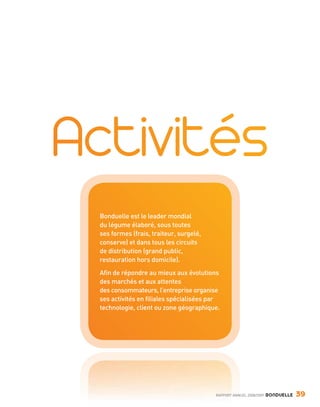 Bonduelle est le leader mondial
                         du légume élaboré, sous toutes
                         ses formes (frais, traiteur, surgelé,
                         conserve) et dans tous les circuits
                         de distribution (grand public,
                         restauration hors domicile).
                         Afin de répondre au mieux aux évolutions
                         des marchés et aux attentes
                         des consommateurs, l’entreprise organise
                         ses activités en filiales spécialisées par
                         technologie, client ou zone géographique.




                                                                 RAPPORT ANNUEL 2008/2009   BONDUELLE   39

Bond RA09_int.indd A39                                                                                  04/11/09 15:14
 