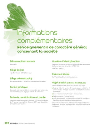 Informations
                                complémentaires
                                Renseignements de caractère général
                                concernant la société

                 Dénomination sociale                                             Numéro d’identification
                 Bonduelle                                                        La société est inscrite au registre du commerce et des sociétés
                                                                                  de Dunkerque sous le numéro 447 250 044.
                                                                                  Code APE : 6430 Z.
                 Siège social
                                                                                  Exercice social
                 « La Woestyne » – 59173 Renescure

                                                                                  Du 1er juillet au 30 juin de chaque année.
                 Siège administratif
                                                                                  Objet social (Article 2 des Statuts)
                 Rue Nicolas Appert – BP 30173 – 59653 Villeneuve-d’Ascq

                                                                                  La société a pour objet, en France et dans tous pays :
                 Forme juridique                                                   la propriété et la gestion de toutes valeurs mobilières et
                 Bonduelle est une société en commandite par actions, de           droits sociaux émis par toutes les sociétés françaises ou
                 nationalité française, régie par le Code de commerce.             étrangères,
                                                                                   tous investissements financiers et industriels,

                 Date de constitution et durée
                                                                                   l’administration d’entreprises et,
                                                                                   plus généralement, toutes opérations de toute nature sus-
                 La société a été constituée le 3 janvier 1972 pour une durée      ceptibles de contribuer à son développement.
                 de 99 ans qui prendra fin le 18 janvier 2071, sauf dissolution   La société peut réaliser toutes les opérations qui sont compa-
                 anticipée ou prorogation.                                        tibles avec cet objet, s’y rapportent et/ou contribuent à sa
                                                                                  réalisation.




      104        BONDUELLE RAPPORT FINANCIER 2008/2009


1358_Bonduelle RF09_int_fr.indd 104                                                                                                                 28/10/09 13:54
 