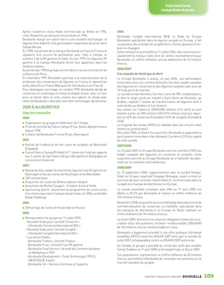 Informations
                                                                                                                              complémentaires



                 Après l’ouverture d’une filiale commerciale au Brésil en 1994,          2006
                 c’est l’Argentine qui découvre les produits en 1996.                    Bonduelle Surgelé International (BSI), la filiale du Groupe
                 Bonduelle élargit son savoir-faire à une nouvelle technologie : le      Bonduelle spécialisée dans le légume surgelé en Europe, a fait
                 légume frais élaboré. Une participation majoritaire est prise dans      l’acquisition des activités de surgelé (hors crèmes glacées) d’Uni-
                 Salade Minute.                                                          lever en Espagne.
                 En 1998, lancement de la marque Bonduelle en frais en France et         Cette transaction prend effet au 1er juillet 2006 ; elle concerne prin-
                 signature d’un accord de partenariat avec Cielo e Campo, le             cipalement la marque Salto dont les ventes représenteront pour
                 numéro 2 de la IVe gamme en Italie. En juin 1999, les légumes IVe       Bonduelle un chiffre d’affaires annuel additionnel de 10 millions
                 gamme à la marque Bonduelle feront leur apparition dans les             d’euros.
                 linéaires italiens.
                 Au printemps 1998 le groupe est introduit en au second marché de        2006/2007
                 la Bourse de Paris.                                                     À la conquête de l’Amérique du Nord
                 En novembre 1999, Bonduelle participe à la restructuration de la        Le Groupe Bonduelle a acquis, en juin 2006, une participation
                 profession des conserveurs de légumes en France et reprend les          minoritaire chez son confrère Aliments Carrière, leader canadien
                 actifs d’Avril/Cirio France (Marques De Distributeurs en France).       des légumes en conserves et des légumes surgelés avec plus de
                 Pour développer son image, en octobre 1999, Bonduelle décide de         70 % de parts de marché.
                 construire un multicoque et choisit le skipper breton Jean Le Cam       La société privée Aliments Carrière, forte de 985 collaborateurs,
                 pour se lancer dans la voile, univers aux valeurs en phase avec         et dont le siège social est installé à Saint Denis de Richelieu, au
                 celles de Bonduelle: naturalité, bien-être, technologie, dynamisme.     Québec, exploite 7 usines de transformation de légumes dont 4
                                                                                         sont situées au Québec et 3 en Ontario.
                 2000 À AUJOURD’HUI
                                                                                         Ses ventes sur l’exercice 2005/2006 (clôture à fin avril) se sont
                 Une ère nouvelle                                                        élevées à près de 300 millions CAD (210 millions d’euros), répar-
                 2000                                                                    ties en 40 % de conserves (Canada) et 60 % de surgelés (Canada &
                                                                                         USA).
                   Organisation du groupe en fédération de 5 filiales
                                                                                         La majorité des ventes (60 %) est réalisée dans les circuits retail
                   Prise de contrôle de Cielo e Campo (Frais, Italie), déjà partenaire
                                                                                         (ventes au grand public).
                   depuis 1998
                                                                                         Dès juillet 2006, profitant d’un euro fort, Bonduelle a augmenté sa
                   Création de Bonduelle Frische (Frais, Allemagne)
                                                                                         participation minoritaire chez Aliments Carrière à 23 % du capital
                 2001                                                                    de cette société.
                   Rachat de Frudesa et de son usine de surgelés de Benimodo             2007/2008
                   (Espagne)
                                                                                         Le 12 juillet 2007, le Groupe Bonduelle a pris le contrôle à 100 % du
                   Fusion Cielo e Campo/Ortobell (n° 1 italien du Frais) qui apporte
                                                                                         leader canadien des légumes en conserves et surgelés. Cette
                   ses 2 usines de San Paolo d’Argon (Bergame) et Battipaglia en
                                                                                         acquisition permet au Groupe Bonduelle de s’implanter durable-
                   construction (Salerne)
                                                                                         ment sur le continent nord-américain.
                 2003
                                                                                         2008/2009
                   Rachat de Vita, leader du marché du légume frais IVe gamme en
                                                                                         Le 15 septembre 2008, rapprochement avec la société Gelagri,
                   Allemagne et de ses usines de Reutlingen et de Wanzleben
                                                                                         filiale du Groupe coopératif Coopagri Bretagne, visant la mise en
                   150e anniversaire
                                                                                         commun de leurs activités industrielles et commerciales dans le
                   Acquisition de l’usine de Bekescsaba en Hongrie
                                                                                         surgelé à la marque de distributeur en Europe.
                   Acquisition de Michel Caugant – Création d’une 6e filiale
                   Sponsoring sportif : lancement du programme de construction           Le nouvel ensemble constitué, avec effet au 1er avril 2009, est
                   d’un monocoque dans l’optique de participer, en 2004, au Vendée       détenu à 35,5 % par Bonduelle et réalise un chiffre d’affaires de
                   Globe Challenge                                                       160 millions d’euros.
                 2004                                                                    Novembre 2008, acquisition de la société belge de production et de
                   Démarrage de l’usine de Krasnodar en Russie                           commercialisation de conserves La Corbeille, spécialisée dans
                                                                                         les marques de distributeurs en Europe du Nord, réalisant un
                 2005                                                                    chiffre d’affaires de 70 millions d’euros.
                   Réorganisation du groupe au 1er juillet 2005                          Le 6 avril 2009, émission d’un emprunt obligataire à bons de sous-
                   – Nouvelle filiale pour l’activité Conserve =                         cription et/ou d’acquisitions d’actions remboursables (OBSAAR)
                     « Bonduelle Conserve International BCI »                            de 140 millions d’euros remboursable en 5 ans.
                   – Nouvelle filiale pour l’activité Surgelé =
                     « Bonduelle Surgelé International BSI »                             Bonduelle a également procédé à une offre publique d’échange
                   – Les autres filiales :                                               simplifiée (OPES) visant les BSAAR 2007 émis par la société en
                      Bonduelle Traiteur = Activité Traiteur                             juillet 2007, échangeables contre un BSAAR 2009 autonome.
                      Bonduelle Frais = Activité Frais IVe gamme                         Au Canada, le groupe a procédé au rachat des actifs des sociétés
                      Bonduelle Food Service = Activité de Commercialisation             Family Tradition, le 1er avril 2009, et Omstead Foods, le 30 juin 2009.
                      et Marketing en RHF
                                                                                         Ces acquisitions, représentant un chiffre d’affaires de 40 millions
                      Bonduelle Development = Toute Technologie / PECO,
                                                                                         d’euros, permettent à Bonduelle de consolider ses positions sur le
                      MERCOSUR, Export
                                                                                         marché canadien du surgelé.
                      Bonduelle SA = Services Centraux et Supports


                                                                                                                RAPPORT FINANCIER 2008/2009     BONDUELLE          109

1358_Bonduelle RF09_int_fr.indd 109                                                                                                                                28/10/09 13:54
 