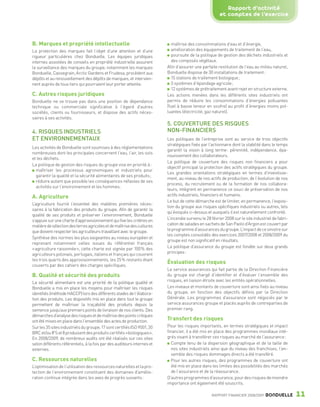 Rapport d’activité
                                                                                                                        et comptes de l’exercice



                 B. Marques et propriété intellectuelle                                     maîtrise des consommations d’eau et d’énergie,
                 La protection des marques fait l’objet d’une attention et d’une            amélioration des équipements de traitement de l’eau,
                 rigueur particulières chez Bonduelle. Les équipes juridiques               poursuite de la politique de gestion des déchets industriels et
                 internes assistées de conseils en propriété industrielle assurent          des composés végétaux.
                 la surveillance des marques du groupe, notamment les marques             Afin d’assurer une parfaite restitution de l’eau au milieu naturel,
                 Bonduelle, Cassegrain, Arctic Gardens et Frudesa, procèdent aux          Bonduelle dispose de 30 installations de traitement :
                 dépôts et au renouvellement des dépôts de marques, et intervien-           15 stations de traitement biologique ;
                 nent auprès de tous tiers qui pourraient leur porter atteinte.             3 systèmes d’épandage agricole ;
                                                                                            12 systèmes de prétraitement avant rejet en structure externe.
                 C. Autres risques juridiques                                             Les actions menées dans les différents sites industriels ont
                 Bonduelle ne se trouve pas dans une position de dépendance               permis de réduire les consommations d’énergies polluantes
                 technique ou commerciale significative à l’égard d’autres                (fuel à basse teneur en soufre) au profit d’énergies moins pol-
                 sociétés, clients ou fournisseurs, et dispose des actifs néces-          luantes (électricité, gaz naturel).
                 saires à ses activités.
                                                                                          5. COUVERTURE DES RISQUES
                 4. RISQUES INDUSTRIELS                                                   NON-FINANCIERS
                 ET ENVIRONNEMENTAUX                                                      Les politiques de l’entreprise sont au service de trois objectifs
                                                                                          stratégiques fixés par l’actionnaire dont la stabilité dans le temps
                 Les activités de Bonduelle sont soumises à des réglementations
                                                                                          garantit la vision à long terme : pérennité, indépendance, épa-
                 nombreuses dont les principales concernent l’eau, l’air, les sols
                                                                                          nouissement des collaborateurs.
                 et les déchets.
                                                                                          La politique de couverture des risques non financiers a pour
                 La politique de gestion des risques du groupe vise en priorité à :
                                                                                          objectif principal la protection des actifs stratégiques du groupe.
                   maîtriser les processus agronomiques et industriels pour
                                                                                          Les grandes orientations stratégiques en termes d’investisse-
                   garantir la qualité et la sécurité alimentaires de ses produits ;
                                                                                          ment, au niveau de nos actifs de production, de l’évolution de nos
                   réduire autant que possible les conséquences néfastes de ses
                                                                                          process, du recrutement ou de la formation de nos collabora-
                   activités sur l’environnement et les hommes.
                                                                                          teurs, intègrent en permanence ce souci de préservation de nos
                 A. Agriculture                                                           actifs industriels, financiers et humains.
                                                                                          Le but de cette démarche est de limiter, en permanence, l’exposi-
                 L’agriculture fournit l’essentiel des matières premières néces-
                                                                                          tion du groupe aux risques spécifiques industriels ou autres, tels
                 saires à la fabrication des produits du groupe. Afin de garantir la
                                                                                          qu’évoqués ci-dessus et auxquels il est naturellement confronté.
                 qualité de ses produits et préserver l’environnement, Bonduelle
                 s’appuie sur une charte d’approvisionnement qui fixe les critères en     L’incendie survenu le 28 février 2008 sur le site industriel de fabri-
                 matière de sélection des terres agricoles et de maîtrise des cultures    cation de salades en sachets de San Paolo d’Argon est couvert par
                 que doivent respecter les agriculteurs travaillant avec le groupe.       le programme d’assurances du groupe. L’impact de ce sinistre sur
                                                                                          les comptes consolidés des exercices 2007/2008 et 2008/2009 du
                 Synthèse des normes les plus exigeantes au niveau européen et
                                                                                          groupe est non significatif en résultats.
                 reprenant notamment celles issues du référentiel français
                 « agriculture raisonnée », cette charte est signée par 100 % des         La politique d’assurance du groupe est fondée sur deux grands
                 agriculteurs polonais, portugais, italiens et français qui couvrent      principes :
                 les trois quarts des approvisionnements, les 25 % restants étant
                                                                                          Évaluation des risques
                 couverts par des cahiers des charges spécifiques.
                                                                                          Le service assurances qui fait partie de la Direction Financière
                 B. Qualité et sécurité des produits                                      du groupe est chargé d’identifier et d’évaluer l’ensemble des
                 La sécurité alimentaire est une priorité de la politique qualité et      risques, en liaison étroite avec les entités opérationnelles.
                 Bonduelle a mis en place les moyens pour maîtriser les risques           Les niveaux et montants de couverture sont ainsi fixés au niveau
                 identifiés (méthode HACCP) lors des différents stades de l’élabora-      du groupe, en fonction des objectifs définis par la Direction
                 tion des produits. Les dispositifs mis en place dans tout le groupe      Générale. Les programmes d’assurance sont négociés par le
                 permettent de maîtriser la traçabilité des produits depuis la            service assurances groupe et placés auprès de contreparties de
                 semence jusqu’aux premiers points de livraison de nos clients. Des       premier rang.
                 démarches d’analyse des risques et de maîtrise des points critiques
                 ont été mises en place dans l’ensemble des actes de production.          Transfert des risques
                 Sur les 35 sites industriels du groupe, 17 sont certifiés ISO 9001, 20   Pour les risques importants, en termes stratégiques et impact
                 BRC et/ou IFS et 8 produisent des produits certifiés « biologiques ».    financier, il a été mis en place des programmes mondiaux inté-
                 En 2008/2009, de nombreux audits ont été réalisés sur ces sites          grés visant à transférer ces risques au marché de l’assurance :
                 selon différents référentiels, à la fois par des auditeurs internes et      Compte tenu de la dispersion géographique et de la taille de
                 externes.                                                                   nos sites industriels ainsi que du niveau des franchises, l’en-
                                                                                             semble des risques dommages directs a été transféré.
                 C. Ressources naturelles                                                    Pour les autres risques, des programmes de couverture ont
                 L’optimisation de l’utilisation des ressources naturelles et la pro-        été mis en place dans les limites des possibilités des marchés
                 tection de l’environnement constituent des domaines d’amélio-               de l’assurance et de la réassurance.
                 ration continue intégrée dans les axes de progrès suivants :             D’autres programmes d’assurance, pour des risques de moindre
                                                                                          importance ont également été souscrits.

                                                                                                                   RAPPORT FINANCIER 2008/2009     BONDUELLE       11

1358_Bonduelle RF09_int_fr.indd 11                                                                                                                                 28/10/09 13:52
 