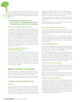 Les informations bilancielles (actifs non courants, actifs          représente le goodwill. Il est inscrit à l’actif du bilan conso-
                 courants, passifs non courants, passifs courants) sont ven-         lidé dans la rubrique « Goodwill » pour les sociétés intégrées
                 tilées par zones géographiques. Seuls les goodwill et les           globalement et dans la rubrique « Titres mis en équiva-
                 marques sont déclinés par zones géographiques et secteurs           lence » pour les sociétés mises en équivalence.
                 d’activités.                                                        Les écarts d’acquisitions relatifs aux sociétés étrangères
                                                                                     sont comptabilisés dans la devise fonctionnelle de la société
                                                                                     acquise.
                 D. CONVERSION DES OPÉRATIONS
                    EN DEVISES ET CONVERSION DES ÉTATS                               Les excédents sont directement comptabilisés en compte de
                                                                                     résultat en éléments non récurrents.
                    FINANCIERS DES SOCIÉTÉS ÉTRANGÈRES
                 Conversion des opérations en devises                                Autres immobilisations incorporelles
                 Les transactions libellées en devises sont évaluées en fonc-
                                                                                     Les marques acquises, individualisables, dont la durée
                 tion des cours de change en vigueur à la date de réalisation
                                                                                     d’utilité est considérée comme indéterminée, sont inscrites
                 des transactions. Les créances et les dettes en devises figu-
                                                                                     au bilan consolidé dans la rubrique « Autres immobilisations
                 rant au bilan à la clôture de la période sont évaluées en fonc-
                                                                                     incorporelles ».
                 tion des cours de change applicables à cette date. Les pertes
                 et profits de change résultant de la conversion de transac-         Les licences, brevets ainsi que les autres actifs incorporels
                 tions en devises figurent dans les rubriques produits finan-        acquis sont enregistrés à leur coût d’achat dans la rubrique
                 ciers et charges financières du compte de résultat, à               « Autres immobilisations incorporelles » du bilan consolidé.
                 l’exception de ceux relatifs à des emprunts en devises ou           Ils sont amortis linéairement en fonction de leurs durées
                 autres instruments affectés à la couverture d’inves-                d’utilité estimées.
                 tissements à long terme dans la même devise, qui sont
                 inclus dans le poste « Différences de conversion » des capi-        Frais de développement
                 taux propres consolidés.                                            Les frais de développement sont obligatoirement immobi-
                                                                                     lisés comme des actifs incorporels dès que l’entreprise peut
                 Conversion des états financiers                                     démontrer qu’ils génèrent des avantages économiques
                 des sociétés étrangères                                             futurs et que leurs coûts soient bien identifiés.
                 Les bilans des sociétés dont la devise fonctionnelle n’est pas      Les coûts de développement des logiciels informatiques à
                 l’euro sont convertis en euros aux cours officiels de fin           usage interne sont portés à l’actif du bilan lorsqu’il est pro-
                 d’exercice et leurs comptes de résultat sont convertis en           bable que ces dépenses généreront des avantages écono-
                 euros en utilisant pour chaque devise le cours moyen de la          miques futurs. Ces coûts sont amortis linéairement sur la
                 période hors hyperinflation. Les différences de conversion          durée d’utilisation estimée des logiciels qui varie de un à
                 résultant de l’application de ces différents cours de change        cinq ans. Les autres coûts d’acquisition et de développement
                 sont incluses dans le poste « Différences de conversion »           des logiciels sont immédiatement portés en charges.
                 dans les capitaux propres consolidés jusqu’à ce que les
                 investissements étrangers auxquels elles se rapportent              Suivi de la valeur des marques
                 soient vendus ou liquidés.
                                                                                     Les facteurs importants ayant conduit à apprécier le carac-
                                                                                     tère indéterminé de la durée d’utilité des marques ont été
                                                                                     principalement leur positionnement sur le marché en
                 Note 2 Principes comptables                                         termes de volumes d’activités, de notoriété ainsi que leur
                                                                                     rentabilité à long terme attendue.
                 Les états financiers consolidés au 30 juin 2009 sont pré-
                 sentés en milliers d’euros et reflètent la situation comptable      Elles ne sont pas amorties mais font l’objet d’un test de
                 de la société et de ses filiales (ci-après « le groupe »).          dépréciation annuel en application de l’IAS 36, qui comporte
                                                                                     notamment le suivi des indicateurs mentionnés ci-avant.
                 Ils sont préparés sur la base du coût historique à l’exception
                 des actifs et dettes définis ci-après inscrits à la juste valeur.   Suivi de la valeur des goodwill
                                                                                     La valeur comptable des goodwill fait l’objet d’une revue au
                 A. IMMOBILISATIONS INCORPORELLES                                    minimum une fois par an et lorsque des événements et
                                                                                     circonstances indiquent qu’une réduction de valeur est sus-
                 Goodwill                                                            ceptible d’être intervenue pour les autres immobilisations
                                                                                     incorporelles. Une perte de valeur est constatée lorsque la
                 Lors de l’acquisition de titres de sociétés consolidées par         valeur recouvrable des immobilisations incorporelles devient
                 intégration globale ou mises en équivalence, le coût d’acqui-       inférieure à leur valeur nette comptable. Les pertes de valeurs
                 sition des titres est affecté aux actifs, passifs et passifs        éventuelles sont imputées en priorité sur les écarts d’acqui-
                 éventuels acquis évalués à leur juste valeur. L’écart entre le      sition affectés à l’UGT, puis à la réduction de la valeur nette
                 coût d’acquisition et la quote-part du groupe dans la juste         comptable de chaque actif de l’unité.
                 valeur des actifs et passifs acquis et les passifs éventuels




      40      BONDUELLE RAPPORT FINANCIER 2008/2009


1358_Bonduelle RF09_int_fr.indd 40                                                                                                                      28/10/09 13:53
 