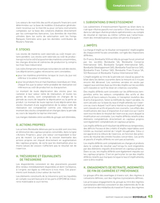 Comptes consolidés




                 Les valeurs de marchés des actifs et passifs financiers sont       I. SUBVENTIONS D’INVESTISSEMENT
                 déterminées sur la base de modèles d’évaluation générale-
                                                                                    Les subventions d’investissement figurent au bilan dans la
                 ment reconnus sur le marché ou pour certains instruments
                                                                                    rubrique « Autres passifs non courants ». Elles sont inscrites
                 complexes sur la base des cotations établies directement
                                                                                    dans la rubrique « Autres produits opérationnels » au compte
                 par les contreparties bancaires. Les données de marchés
                                                                                    de résultat et reprises au même rythme que l’amortisse-
                 utilisées dans les outils de valorisation sont les fixings
                                                                                    ment des immobilisations qu’elles ont permis d’acquérir.
                 Banques Centrales ainsi que les données contribuées de
                 Reuters-Telerate.
                                                                                    J. IMPÔTS
                 F. STOCKS                                                          La charge d’impôt sur le résultat correspond à l’impôt exigible
                                                                                    de chaque entité fiscale consolidée, corrigée des impositions
                 Les stocks de matières sont valorisés au coût moyen uni-
                                                                                    différées.
                 taire pondéré. Les stocks sont valorisés au coût de produc-
                 tion qui inclut le coût d’acquisition des matières consommées,     En France, Bonduelle SCA est tête du groupe fiscal constitué
                 les charges directes et indirectes de production (y compris        par les sociétés Bonduelle SA, Bonduelle Conserve
                 les frais fixes industriels).                                      International SAS, Bonduelle Surgelé International SAS,
                                                                                    Bonduelle Développement SAS, Bonduelle Food Service SAS,
                 Les coûts d’emprunts ne sont pas inclus dans le coût des stocks.
                                                                                    Bonduelle Frais Traiteur SAS, Bonduelle Frais France SA,
                 Les dépréciations jugées nécessaires sont constatées :
                                                                                    SCI Revoisson et Bonduelle Traiteur International SAS.
                    pour les matières premières lorsque le cours du jour est
                                                                                    L’impôt exigible au titre de la période est classé au passif du
                    inférieur à la valeur d’inventaire,
                                                                                    bilan dans les dettes courantes dans la mesure où il n’a pas
                    pour les produits finis et marchandises revendues en l’état,    encore été décaissé. Les sommes versées en excès par
                    chaque fois que la valeur nette probable de réalisation est     rapport aux sommes dues au titre des impôts sur les sociétés
                    inférieure au coût de production ou d’acquisition.              sont classées à l’actif du bilan en créances courantes.
                 Le montant de toute dépréciation des stocks pour les               Des impôts différés sont constatés sur les différences tem-
                 ramener à leur valeur nette de réalisation, et toutes les          porelles entre les valeurs comptables des actifs et des
                 pertes de stocks, sont comptabilisés en charges de la              passifs et leurs valeurs fiscales, à l’exception toutefois des
                 période au cours de laquelle la dépréciation ou la perte se        écarts d’acquisition. Selon la méthode du report variable, ils
                 produit. Le montant de toute reprise d’une dépréciation des        sont calculés sur la base du taux d’impôt attendu sur l’exer-
                 stocks résultant d’une augmentation de la valeur nette de          cice au cours duquel l’actif sera réalisé ou le passif réglé et
                 réalisation est comptabilisé comme une réduction du                sont classés en actifs et passifs non courants. Les effets des
                 montant des stocks comptabilisé en charges dans la période         modifications des taux d’imposition d’un exercice sur l’autre
                 au cours de laquelle la reprise intervient.                        sont inscrits dans le résultat de l’exercice au cours duquel la
                 Les marges réalisées entre sociétés du groupe sont éliminées.      modification est constatée. Les impôts différés relatifs à des
                                                                                    éléments comptabilisés directement en capitaux propres
                                                                                    sont également comptabilisés en capitaux propres.
                 G. ACTIONS PROPRES                                                 Les impôts différés actif résultant de différences temporelles,
                 Les actions Bonduelle détenues par la société sont inscrites       des déficits fiscaux et des crédits d’impôts reportables sont
                 en diminution des capitaux propres consolidés, dans la ligne       limités au montant estimé de l’impôt récupérable. Celui-ci
                 « Actions Propres », pour une valeur correspondant à leur          est apprécié à la clôture de l’exercice, en fonction des prévi-
                 prix de revient. Le produit de la cession éventuelle des           sions de résultat des entités fiscales concernées. Les actifs
                 actions propres est imputé directement en augmentation             et passifs d’impôts différés ne sont pas actualisés.
                 des capitaux propres, de sorte que les éventuelles plus ou         Les impôts différés sont comptabilisés en charges et produits
                 moins-values de cession n’affectent pas le résultat net de         dans le compte de résultat sauf lorsqu’ils sont engendrés
                 l’exercice.                                                        par des éléments imputés directement en capitaux propres.
                                                                                    Dans ce cas, les impôts différés sont également imputés sur
                                                                                    les capitaux propres. C’est en particulier le cas des impôts
                 H. TRÉSORERIE ET ÉQUIVALENTS                                       différés relatifs aux marques lorsque le taux d’impôt attendu
                    DE TRÉSORERIE                                                   vient à être modifié.
                 Les disponibilités consistent en des placements pouvant
                 être rendus immédiatement disponibles et dont l’échéance,          K. ENGAGEMENTS DE RETRAITE, INDEMNITÉS
                 à l’origine, est égale ou inférieure à trois mois. Ces place-
                 ments sont évalués à leur valeur de marché.
                                                                                       DE FIN DE CARRIÈRE ET PRÉVOYANCE
                 Les éléments constitutifs de la trésorerie sont les liquidités     Le groupe offre des avantages à travers soit, des régimes à
                 en compte courant bancaire et les parts d’OPCVM de tréso-          cotisations définies, soit des régimes à prestations définies.
                 rerie mobilisable à court terme.                                   Les principaux engagements du groupe au titre des régimes
                                                                                    à prestations définies consistent en des indemnités de fin de
                                                                                    carrière et en des médailles du travail en France, des régimes



                                                                                                           RAPPORT FINANCIER 2008/2009   BONDUELLE    43

1358_Bonduelle RF09_int_fr.indd 43                                                                                                                    28/10/09 13:53
 