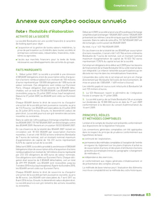 Comptes sociaux




                 Annexe aux comptes sociaux annuels
                 Note 1 Modalités d’élaboration                                         Début avril 2009, la société a lancé une offre publique d’échange
                                                                                        simplifiée visant à échanger 1 BSAAR 2007 contre 1 BSAAR 2009
                 ACTIVITÉ DE LA SOCIÉTÉ                                                 présentant les mêmes caractéristiques que les BSAAR 2009
                 La société Bonduelle est une société financière à caractère            susvisés. Dans le cadre de cette offre, 731 967 BSAAR 2007 ont
                 de holding ayant pour objet :                                          été échangés contre autant de BSAAR 2009.

                   l’acquisition et la gestion de toutes valeurs mobilières, la         Au total, il y a 1 431 966 BSAAR 2009.
                   prise de participation ou d’intérêts dans toutes sociétés et         En cas d’exercice de la totalité de ces BSAAR par souscription
                   entreprises commerciales, industrielles, financières, mobi-          d’actions nouvelles, il serait créé 1 431 966 actions ordinaires
                   lières ou agricoles.                                                 Bonduelle de 7 euros de nominal, soit un montant nominal
                   l’accès aux marchés financiers pour la levée de fonds                maximum d’augmentation de capital de 10 023 762 euros
                   nécessaires aux développements des activités du groupe.              représentant 17,90 % du capital actuel de la société.
                                                                                        Cet emprunt obligataire émis début avril 2009 pour les besoins
                                                                                        de financement de la filiale Bonduelle SA lui a été reversé dans
                 FAITS MARQUANTS                                                        son intégralité. La créance rattachée aux participations qui en
                 1. Début juillet 2007, la société a procédé à une émission             découle est inscrite dans les immobilisations financières.
                 d’OBSAAR (obligations à bon de souscription et/ou d’acquisi-           L’ensemble des coûts liés à cet emprunt est pris en charge
                 tion d’actions remboursables) d’un montant de 150 millions             directement par Bonduelle SA (coûts de fonctionnement, de
                 d’euros représenté par 150 000 obligations de 1 000 euros de           mise en place de l’OBSAAR : 1 609 milliers d’euros).
                 valeur nominale. Ces obligations sont cotées sur Euronext
                                                                                        Les intérêts payés et courus sont refacturés à Bonduelle SA
                 Paris. Chaque obligation était assortie de 5 BSAAR déta-
                                                                                        soit 725 milliers d’euros.
                 chables, soit un total de 750 000 BSAAR. Les BSAAR étaient
                 incessibles jusqu’au 25 juillet 2009 inclus (sauf exceptions).         2. La SCI Revoisson rejoint le périmètre de l’intégration
                 Depuis le 27 juillet 2009, les BSAAR sont cotés sur Euronext           fiscale à compter du 1er juillet 2008.
                 Paris.                                                                 3. La société a perçu de sa filiale Bonduelle SA un acompte
                 Chaque BSAAR donne le droit de souscrire ou d’acquérir                 sur dividendes de 10 000 000 euros en date du 1er juin 2009
                 une action de la société portant jouissance courante, au prix          conformément à la décision du conseil d’administration du
                 de 113,75 euros. Les BSAAR sont exerçables du 23 juillet 2010          16 avril 2009.
                 au 24 juillet 2014 inclus. Ensuite, ils deviendront caducs de
                 plein droit. La société pourra à son gré remettre des actions
                 nouvelles ou existantes.                                               PRINCIPES, RÈGLES
                 Dans le cadre de l’offre publique d’échange simplifiée visant          ET MÉTHODES COMPTABLES
                 les BSAAR 2007, 731 967 BSAAR 2007 ont été échangés contre             Le bilan et le compte de résultat sont présentés conformément
                 des BSAAR 2009. Restent en circulation 18 033 BSAAR 2007.              aux dispositions de la législation française.
                 En cas d’exercice de la totalité des BSAAR 2007 restant en             Les conventions générales comptables ont été appliquées
                 circulation soit 18 033 BSAAR par souscription d’actions               dans le respect du principe de prudence conformément aux
                 nouvelles, il serait créé 18 033 actions ordinaires Bonduelle          hypothèses de base :
                 de 7 euros de nominal, soit un montant nominal maximum
                                                                                         continuité de l’exploitation ;
                 d’augmentation de capital de 126 231 euros représentant
                 0,23 % du capital actuel de la société.                                 permanence des méthodes comptables à l’exception de l’entrée
                                                                                         en vigueur du règlement sur les plans d’options d’achat ou
                 Début avril 2009, la société a procédé à une émission d’OBSAAR
                                                                                         de souscription d’actions et des plans d’attribution d’actions
                 (obligations à bon de souscription et/ou d’acquisition d’actions
                                                                                         gratuites aux employés (renvoi au paragraphe « changement
                 remboursables) d’un montant de 140 millions d’euros représenté
                                                                                         de méthodes ») ;
                 par 233 333 obligations de 600 euros de valeur nominale.
                 Ces obligations sont cotées sur Euronext Paris. Chaque obli-            indépendance des exercices ;
                 gation était assortie de 3 BSAAR détachables, soit un total            et conformément aux règles générales d’établissement et
                 de 699 999 BSAAR. Les BSAAR sont incessibles jusqu’au                  de présentation des comptes annuels.
                 7 octobre 2010 inclus (sauf exceptions). À partir du 8 octobre 2010,
                 les BSAAR seront cotés sur Euronext Paris.                             La méthode de base retenue pour l’évaluation des éléments
                                                                                        inscrits en comptabilité est la méthode des coûts historiques.
                 Chaque BSAAR donne le droit de souscrire ou d’acquérir
                 une action de la société portant jouissance courante, au prix
                 de 80 euros. Les BSAAR sont exerçables du 7 avril 2011 au
                 8 avril 2016 inclus. Ensuite, ils deviendront caducs de plein droit.
                 La société pourra à son gré remettre des actions nouvelles
                 ou existantes.



                                                                                                               RAPPORT FINANCIER 2008/2009   BONDUELLE      83

1358_Bonduelle RF09_int_fr.indd 83                                                                                                                          28/10/09 13:54
 