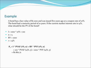 Example  A bond has a face value of Rs 1000 and was issued five years ago at a coupon rate of 10%. The bond had a maturity period of 10 years. If the current market interest rate is 14%, what should be the PV of the bond? I = 1000 * 10% = 100 n = 5 RV = 1000 r = 14%   P 0  = I * PVAF (r%, n) + RV * PVF (r%, n) = 100 * PVAF (14%, 5) + 1000 * PVF (14%, 5)   = Rs 862.71 