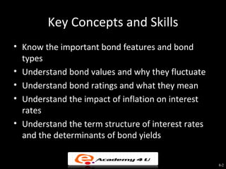 Key Concepts and Skills
• Know the important bond features and bond
  types
• Understand bond values and why they fluctuate
• Understand bond ratings and what they mean
• Understand the impact of inflation on interest
  rates
• Understand the term structure of interest rates
  and the determinants of bond yields


                                                    8-2
 