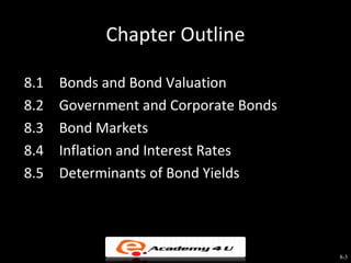 Chapter Outline

8.1   Bonds and Bond Valuation
8.2   Government and Corporate Bonds
8.3   Bond Markets
8.4   Inflation and Interest Rates
8.5   Determinants of Bond Yields




                                       8-3
 