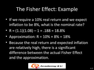 The Fisher Effect: Example
• If we require a 10% real return and we expect
  inflation to be 8%, what is the nominal rate?
• R = (1.1)(1.08) – 1 = .188 = 18.8%
• Approximation: R = 10% + 8% = 18%
• Because the real return and expected inflation
  are relatively high, there is a significant
  difference between the actual Fisher Effect
  and the approximation.

                                                   8-32
 