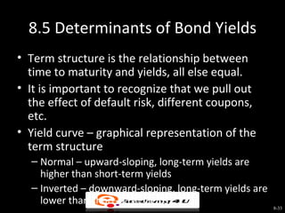 8.5 Determinants of Bond Yields
• Term structure is the relationship between
  time to maturity and yields, all else equal.
• It is important to recognize that we pull out
  the effect of default risk, different coupons,
  etc.
• Yield curve – graphical representation of the
  term structure
  – Normal – upward-sloping, long-term yields are
    higher than short-term yields
  – Inverted – downward-sloping, long-term yields are
    lower than short-term yields
                                                        8-33
 