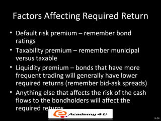 Factors Affecting Required Return
• Default risk premium – remember bond
  ratings
• Taxability premium – remember municipal
  versus taxable
• Liquidity premium – bonds that have more
  frequent trading will generally have lower
  required returns (remember bid-ask spreads)
• Anything else that affects the risk of the cash
  flows to the bondholders will affect the
  required returns.
                                                    8-34
 
