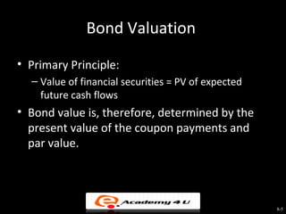 Bond Valuation
• Primary Principle:
  – Value of financial securities = PV of expected
    future cash flows
• Bond value is, therefore, determined by the
  present value of the coupon payments and
  par value.




                                                     8-5
 