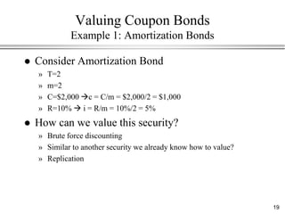 Valuing Coupon Bonds
              Example 1: Amortization Bonds

   Consider Amortization Bond
    »   T=2
    »   m=2
    »   C=$2,000 c = C/m = $2,000/2 = $1,000
    »   R=10%  i = R/m = 10%/2 = 5%
   How can we value this security?
    » Brute force discounting
    » Similar to another security we already know how to value?
    » Replication




                                                                  19
 