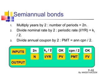 7-12
Semiannual bonds
1. Multiply years by 2 : number of periods = 2n.
2. Divide nominal rate by 2 : periodic rate (I/YR) = kd
/ 2.
3. Divide annual coupon by 2 : PMT = ann cpn / 2.
INPUTS
OUTPUT
N I/YR PMTPV FV
2n kd / 2 cpn / 2 OKOK
By: MADDY.KALEEM
 