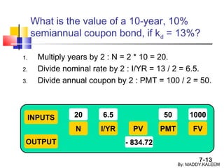 7-13
What is the value of a 10-year, 10%
semiannual coupon bond, if kd = 13%?
1. Multiply years by 2 : N = 2 * 10 = 20.
2. Divide nominal rate by 2 : I/YR = 13 / 2 = 6.5.
3. Divide annual coupon by 2 : PMT = 100 / 2 = 50.
INPUTS
OUTPUT
N I/YR PMTPV FV
20 6.5 50 1000
- 834.72
By: MADDY.KALEEM
 