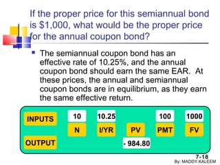7-18
If the proper price for this semiannual bond
is $1,000, what would be the proper price
for the annual coupon bond?
 The semiannual coupon bond has an
effective rate of 10.25%, and the annual
coupon bond should earn the same EAR. At
these prices, the annual and semiannual
coupon bonds are in equilibrium, as they earn
the same effective return.
INPUTS
OUTPUT
N I/YR PMTPV FV
10 10.25 100 1000
- 984.80
By: MADDY.KALEEM
 