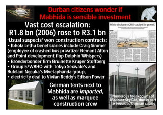 Durban citizens wonder if
               Mabhida is sensible investment
     Vast cost escalation:
R1.8 bn (2006) rose to R3.1 bn
‘Usual suspects’ won construction contracts:
• Ibhola Lethu beneficiaries include Craig Simmer
(employee of crashed bus privatizer Remant Alton
and Point development flop Dolphin Whispers)
• Broederbonder firm Bruinette Kruger Stoffberg
• Group 5/WBHO with Tokyo Sexwale’s and
Bulelani Ngcuka’s Mvelaphanda group,
• electricity deal to Vivian Reddy’s Edison Power
                   German tents next to
                   Mabhida are imported,
                                                     Numerous breakdowns of
                    as well as marquee              Mabhida Sky Car, due in part
                     construction crew              to imported German cables
 