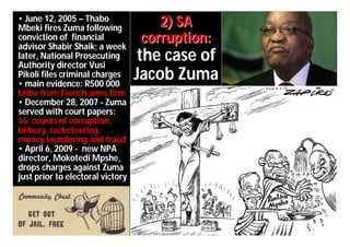 • June 12, 2005 – Thabo
Mbeki fires Zuma following
                                      2) SA
conviction of financial
advisor Shabir Shaik; a week
                                   corruption:
later, National Prosecuting
Authority director Vusi
                                   the case of
Pikoli files criminal charges
• main evidence: R500 000
                                  Jacob Zuma
bribe from French arms firm
• December 28, 2007 - Zuma
served with court papers:
16 counts of corruption,
bribery, racketeering,
money laundering and fraud
• April 6, 2009 - new NPA
director, Mokotedi Mpshe,
drops charges against Zuma
just prior to electoral victory
 